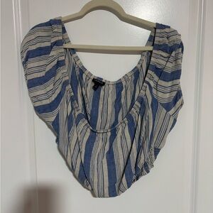 Striped Cropped Blue and Cream Women's Scoop Neck Top